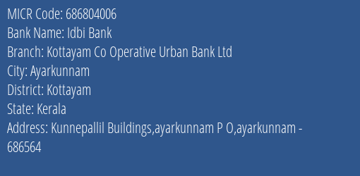 Kottayam Co Operative Urban Bank Ltd Ayarkunnam MICR Code