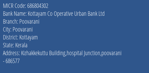 Kottayam Co Operative Urban Bank Ltd Poovarani MICR Code