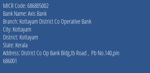 Kottayam District Co Operative Bank Tb Road MICR Code