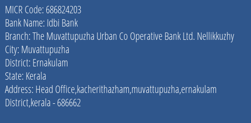 The Muvattupuzha Urban Co Operative Bank Ltd Nellikkuzhy MICR Code