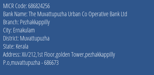 The Muvattupuzha Urban Co Operative Bank Ltd Pezhakkappilly MICR Code