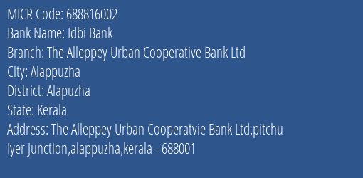 The Alleppey Urban Cooperative Bank Ltd Alappuzha MICR Code