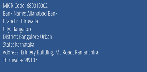 Allahabad Bank Thiruvalla Branch Address Details and MICR Code 689010002