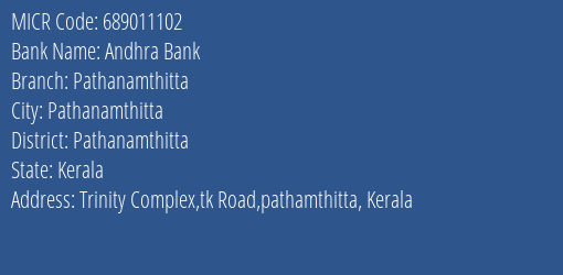 Andhra Bank Pathanamthitta Branch Address Details and MICR Code 689011102