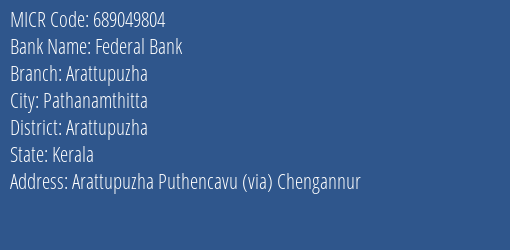 Federal Bank Arattupuzha Branch Address Details and MICR Code 689049804