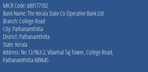 The Kerala State Co Operative Bank Ltd College Road MICR Code