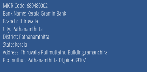 Kerala Gramin Bank Thiruvalla MICR Code