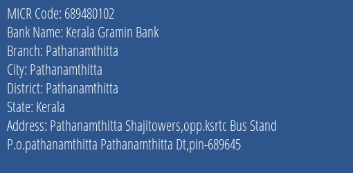 Kerala Gramin Bank Pathanamthitta MICR Code