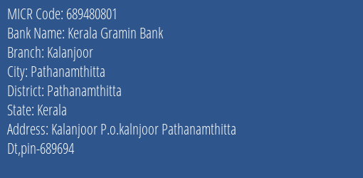 Kerala Gramin Bank Kalanjoor MICR Code