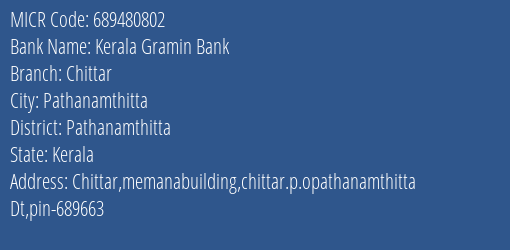 Kerala Gramin Bank Chittar MICR Code