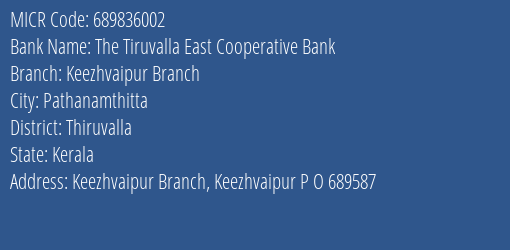 The Tiruvalla East Cooperative Bank Keezhvaipur Branch MICR Code