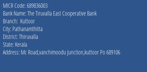 The Tiruvalla East Cooperative Bank Kuttoor MICR Code