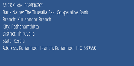 The Tiruvalla East Cooperative Bank Kuriannoor Branch MICR Code