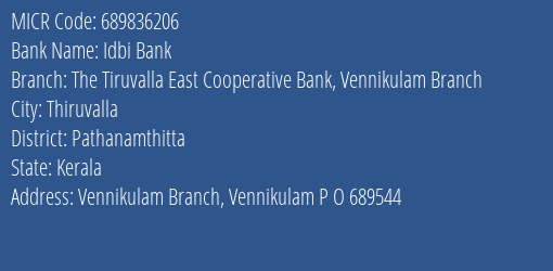 The Tiruvalla East Cooperative Bank Vennikulam Branch MICR Code