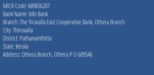 The Tiruvalla East Cooperative Bank Othera Branch MICR Code