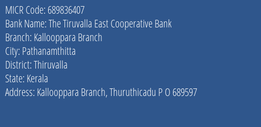 The Tiruvalla East Cooperative Bank Kallooppara Branch MICR Code
