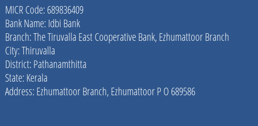 The Tiruvalla East Cooperative Bank Ezhumattoor Branch MICR Code