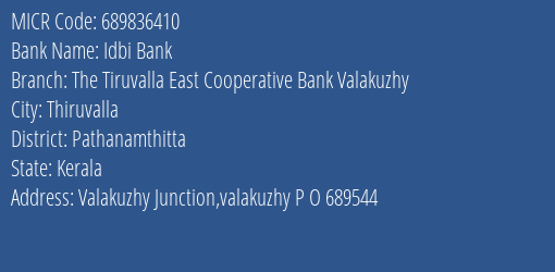 The Tiruvalla East Cooperative Bank Valakuzhy MICR Code