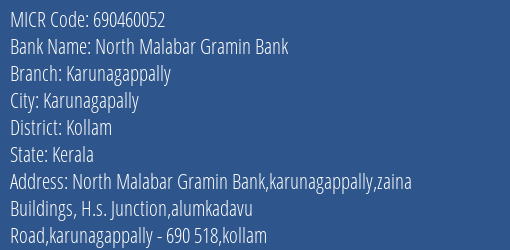 North Malabar Gramin Bank Karunagappally MICR Code