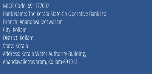 The Kerala State Co Operative Bank Ltd Anandavalleeswaram MICR Code