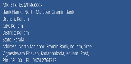 North Malabar Gramin Bank Kollam MICR Code
