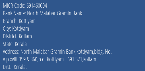 North Malabar Gramin Bank Kottiyam MICR Code