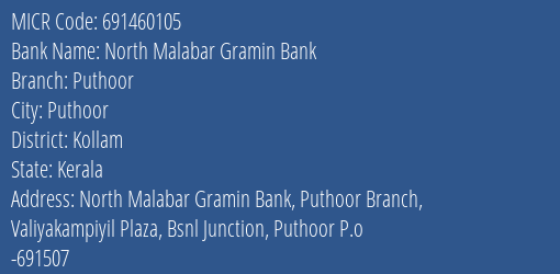 North Malabar Gramin Bank Puthoor MICR Code