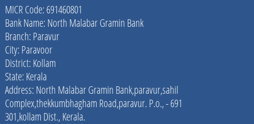 North Malabar Gramin Bank Paravur MICR Code