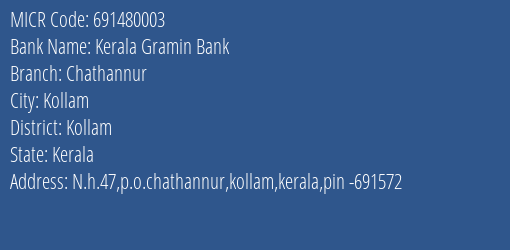 Kerala Gramin Bank Chathannur MICR Code