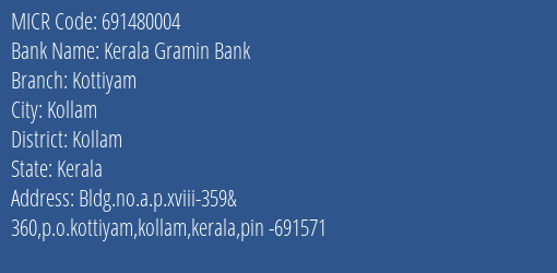 Kerala Gramin Bank Kottiyam MICR Code