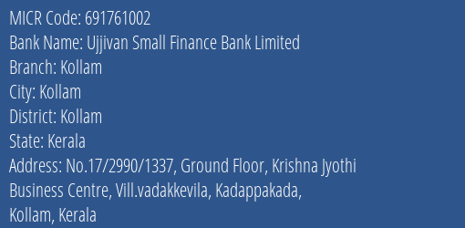 Ujjivan Small Finance Bank Limited Kollam MICR Code
