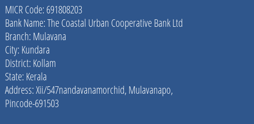 The Coastal Urban Cooperative Bank Ltd Mulavana MICR Code