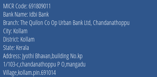 The Quilon Co Op Urban Bank Ltd Chandanathoppu MICR Code