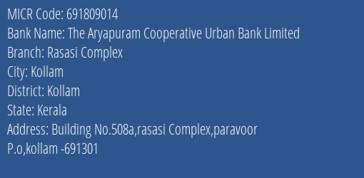 The Aryapuram Cooperative Urban Bank Limited Rasasi Complex MICR Code