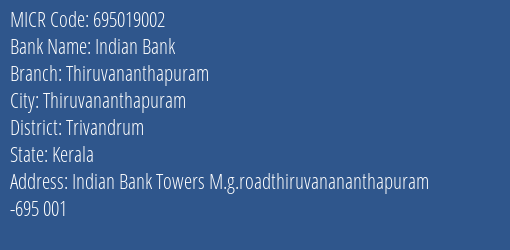Indian Bank Thiruvananthapuram Branch MICR Code 695019002
