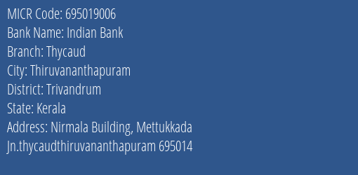 Indian Bank Thycaud Branch MICR Code 695019006