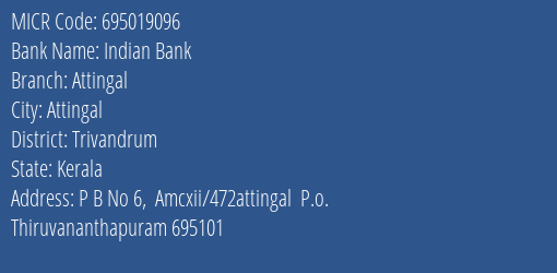 Indian Bank Attingal Branch MICR Code 695019096