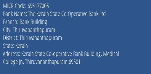 The Kerala State Co Operative Bank Ltd Bank Building MICR Code