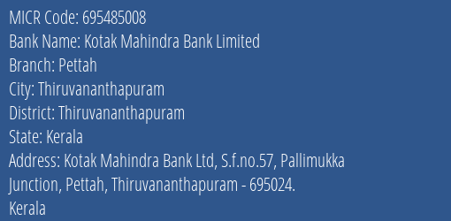 Kotak Mahindra Bank Limited Pettah MICR Code