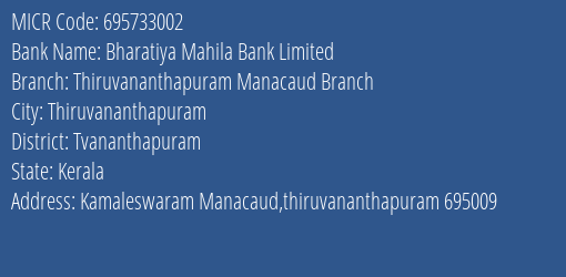 Bharatiya Mahila Bank Limited Thiruvananthapuram Manacaud Branch MICR Code