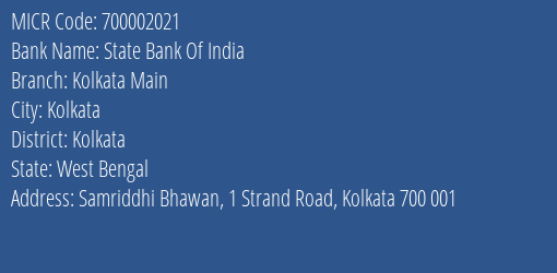 State Bank Of India Kolkata Main MICR Code