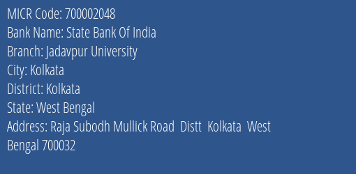 State Bank Of India Jadavpur University Branch Address Details and MICR Code 700002048