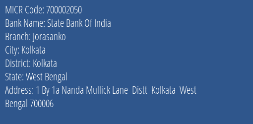 State Bank Of India Jorasanko Branch Address Details and MICR Code 700002050