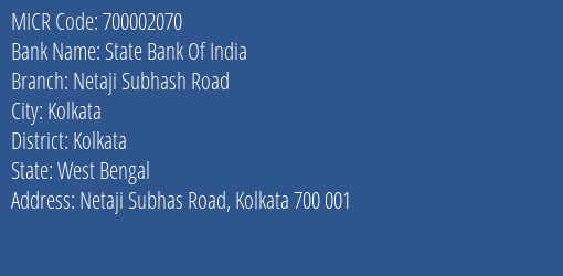State Bank Of India Netaji Subhash Road MICR Code
