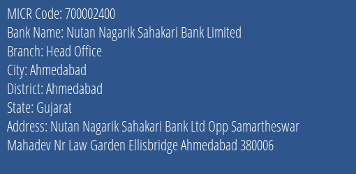 Nutan Nagarik Sahakari Bank Limited Head Office MICR Code