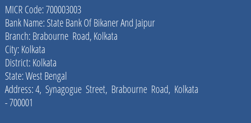 State Bank Of Bikaner And Jaipur Brabourne Road Kolkata MICR Code