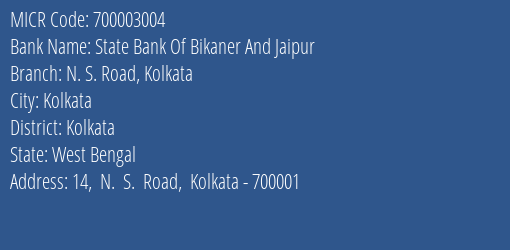 State Bank Of Bikaner And Jaipur N. S. Road Kolkata MICR Code