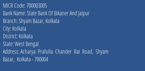 State Bank Of Bikaner And Jaipur Shyam Bazar Kolkata MICR Code