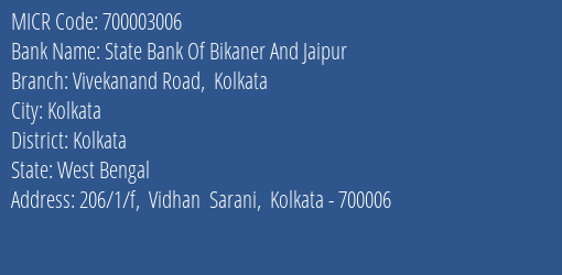 State Bank Of Bikaner And Jaipur Vivekanand Road Kolkata MICR Code
