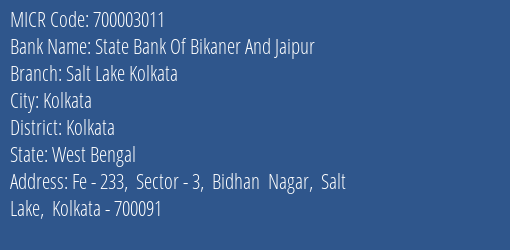 State Bank Of Bikaner And Jaipur Salt Lake Kolkata MICR Code
